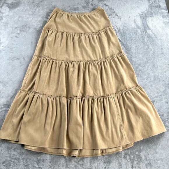 VTG Y2K Boutique Europa XL Tiered Maxi Skirt Tan Boho Western Prairie Faux Suede - Picture 5 of 6